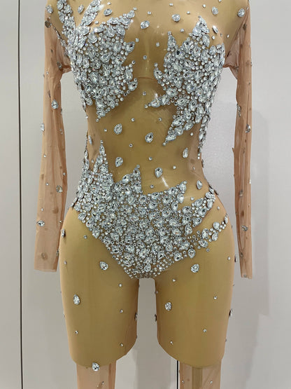 2026 Sparkly Diamonds High Stretch Mesh Jumpsuit Birthday Evening Party Bar Nightclub DJ Female Singer Stage Performance Costume