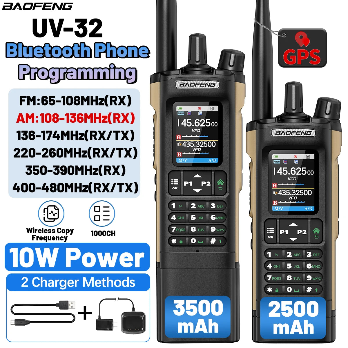 BAOFENG UV-32 GPS Walkie Talkie Long/Short Battery Wireless Copy Frequency Bluetooth Programming 1000CH Multi Band Two Way Radio
