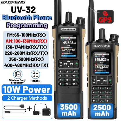 BAOFENG UV-32 GPS Walkie Talkie Long/Short Battery Wireless Copy Frequency Bluetooth Programming 1000CH Multi Band Two Way Radio