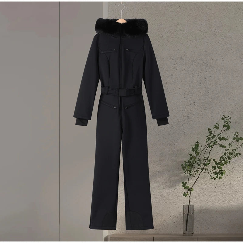 Casual Solid Ski Hoodie Jumpsuits Women Street Full Sleeve Closed Waist Slim Warm Belt Suits Female 2026 Fashion Snow Lady Suit