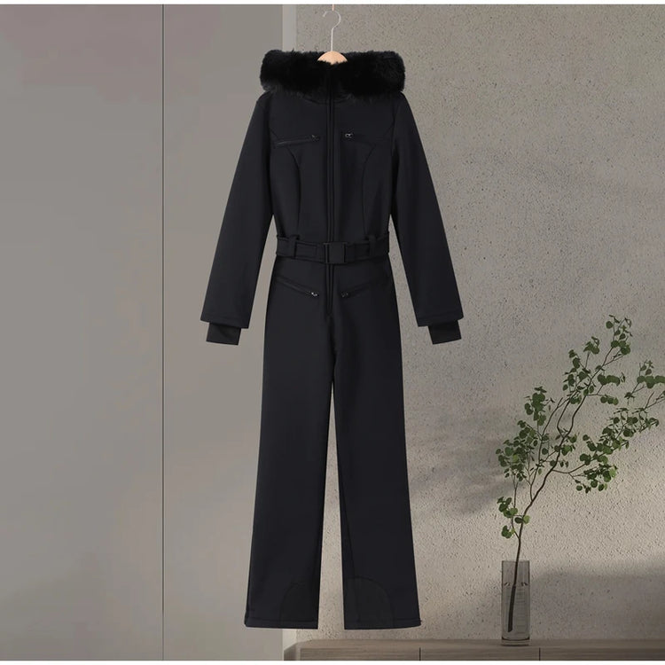 Casual Solid Ski Hoodie Jumpsuits Women Street Full Sleeve Closed Waist Slim Warm Belt Suits Female 2026 Fashion Snow Lady Suit