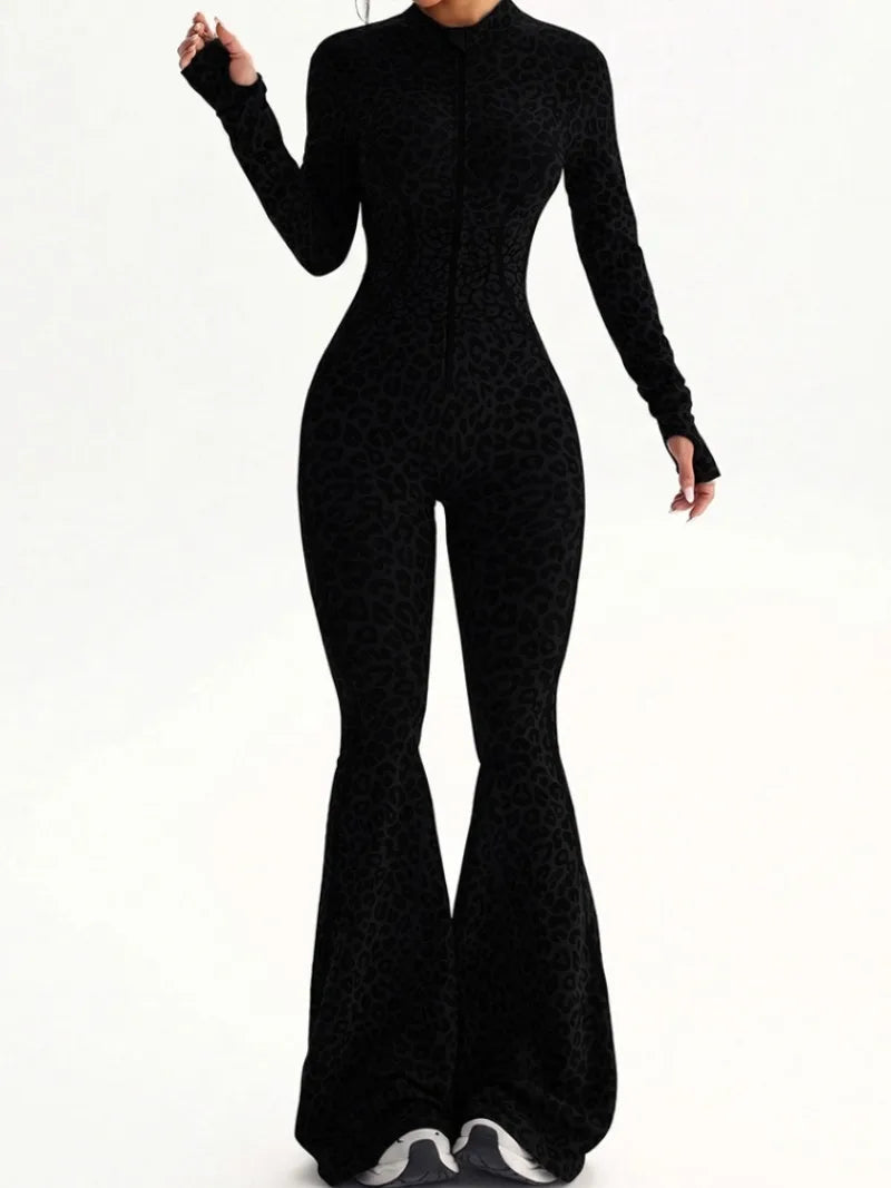 Women Leopard Print Fitness Jumpsuits Long Sleeve Zip-up Gym Sporty Overalls Female One Piece Flare Pants Running Yoga Tracksuit