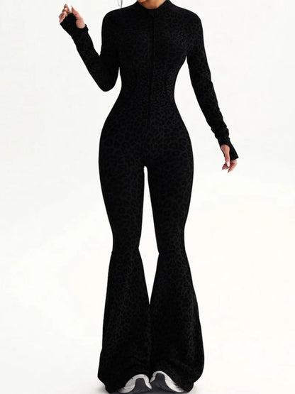 Women Leopard Print Fitness Jumpsuits Long Sleeve Zip-up Gym Sporty Overalls Female One Piece Flare Pants Running Yoga Tracksuit