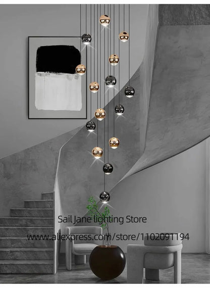Nordic Circular Chandelier Indoor Lighting Modern Chandelier Gold And Black Mixed High Loft Chandelier LED Staircase Chandelier
