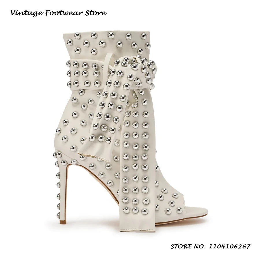 Studded Embellished Summer Boots Chic Round Open Toe Thin Heels Party Outfits Shoes Women's Fashion Casual Lace-up Ankle Boots