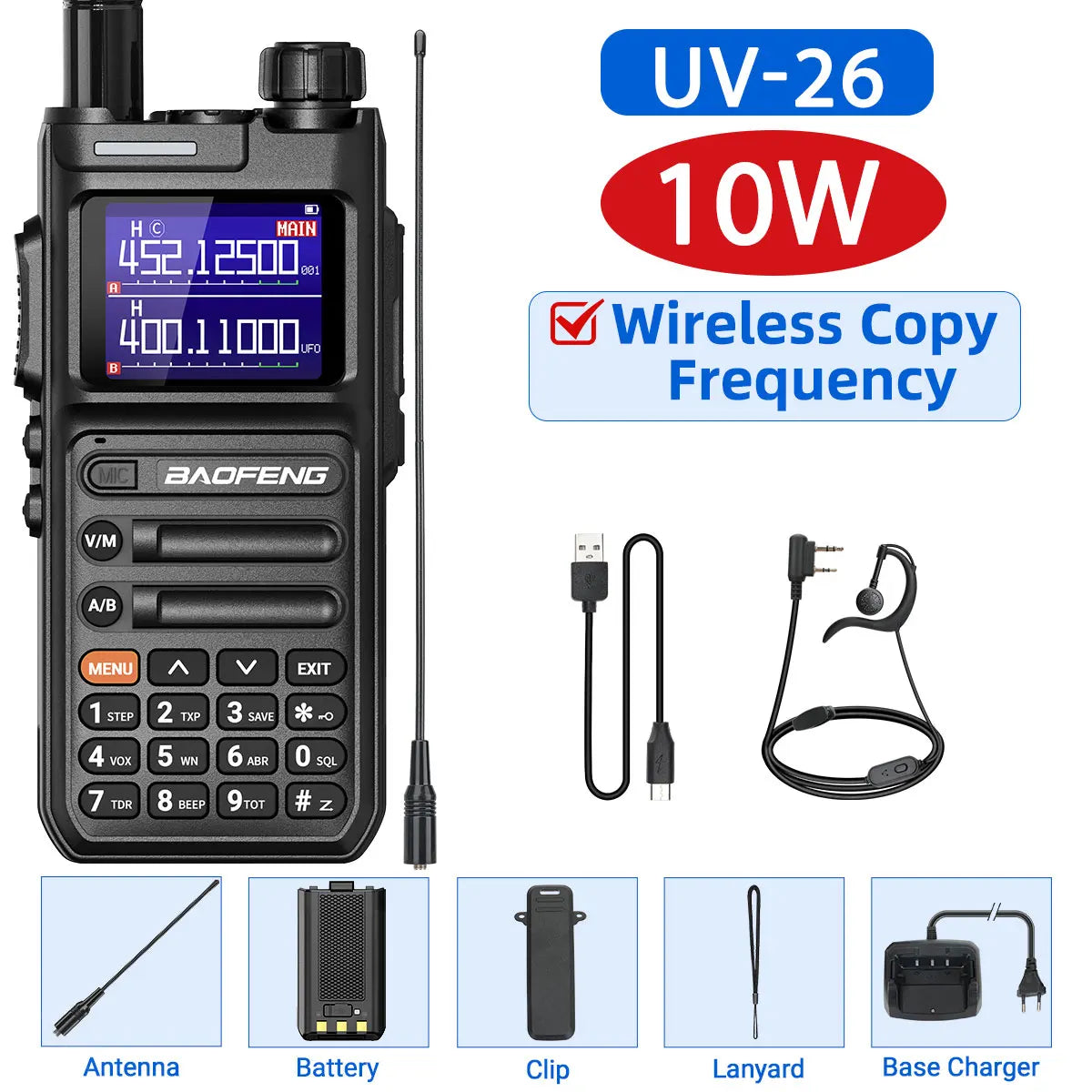 Baofeng UV-26 Walkie Talkie 10W Multi Band Wireless Copy Frequency High Power 999 Channels NOAA with Type-C Charger Ham Radio