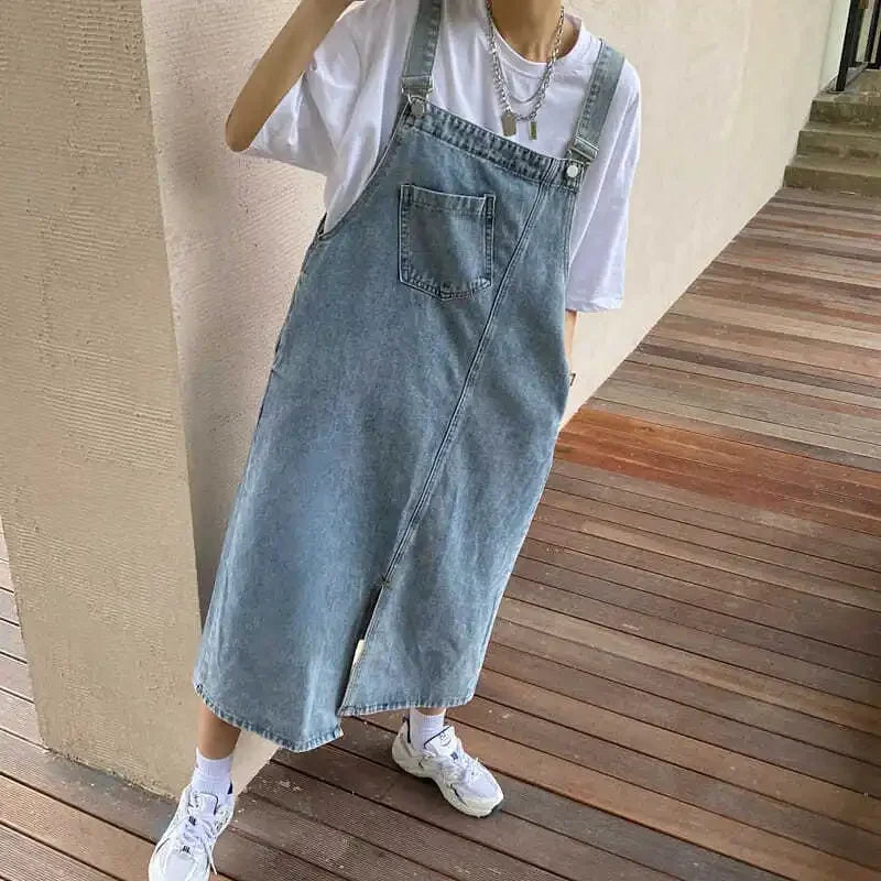 Korean style Denim Overall Dress Women Sleeveless Jeans Dresses Female Solid Slip Casual Loose Spaghetti Strap Dresses