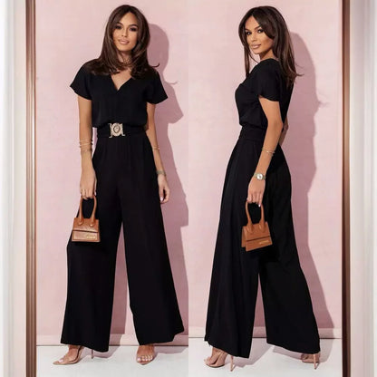 Fashion V-neck Short Sleeve High Waist Jumpsuit Women 2026 Summer Solid Wide Leg Elegant Romper Vintage Jumpsuits Overalls Women