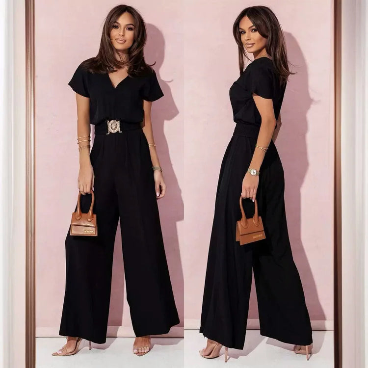 Fashion V-neck Short Sleeve High Waist Jumpsuit Women 2026 Summer Solid Wide Leg Elegant Romper Vintage Jumpsuits Overalls Women