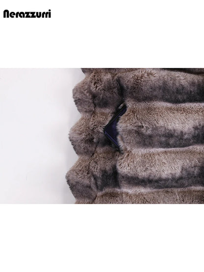 Nerazzurri Winter Extra Long Thick Warm Colorful Soft Striped Fluffy Faux Chinchilla Fur Coat Women Shawl Collar Furry Overcoat