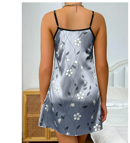 Ladies Sexy Sling Nightgown Nightdress Women's Sexy Lingerie Silk Satin Sleepwear Floral Pinting Nightwear Homewear Mini Dress