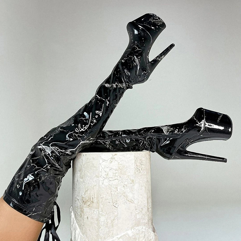 Exotic 8inch High Heels Pole Dance Shoes 20cm over the Knee Bootsg gladiator Lace Up Platform Stripper Gothic Beige Lighter club