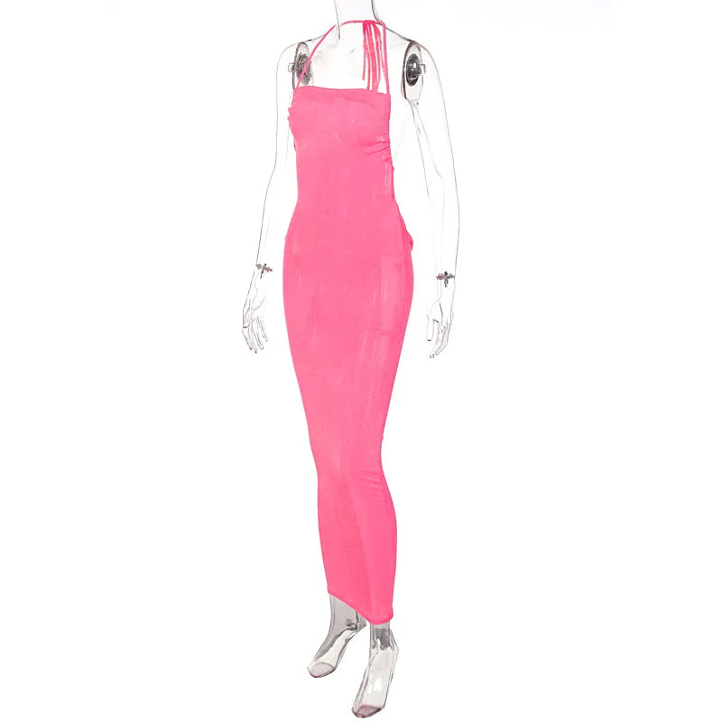Sexy Long Shoulder Strap Open Back Backless Bodycon Maxi Dress Women Sleeveless Halter Skinny Long Dress Club Party Vestidos