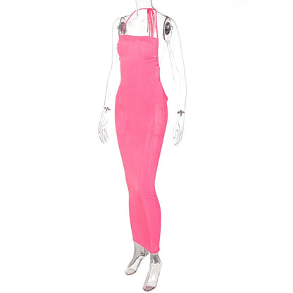 Sexy Long Shoulder Strap Open Back Backless Bodycon Maxi Dress Women Sleeveless Halter Skinny Long Dress Club Party Vestidos