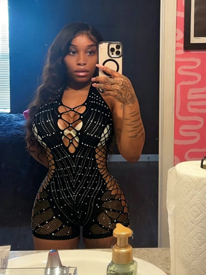 Joskaa Y2K Sparkling Rhinestone Halter Rompers Women Sexy Hollow Backless High Stretch Bodycon Playsuits Midnight Party Clubwear