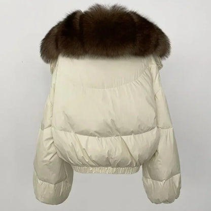 Winter Female White Duck Down Jacket Luxury Loose Short Fashion Casual Women Warm Real Fox Fur Coat Long Sleeve Puffer Jacket