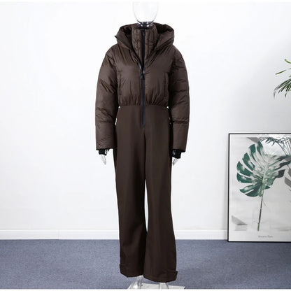 Fashion Hooded One-Piece Ski Jumpsuit Women Stand Collar Zipper High Waist Solid Windproof Outwear 2026 Winter Lady Skiwears New