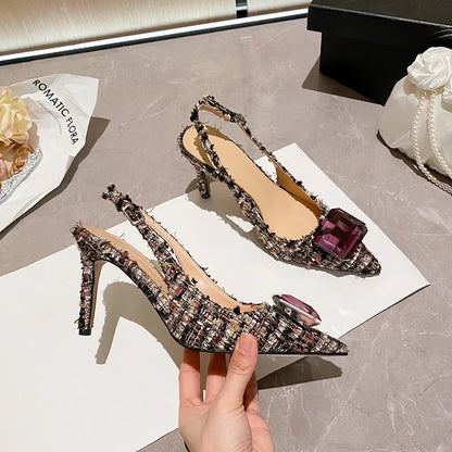 Luxury Diamonds Brand High Heels Women Sexy Pointed Toe Pumps Jewelry Sandals Ladies Elegant  Backless Party Dress Shoes Female