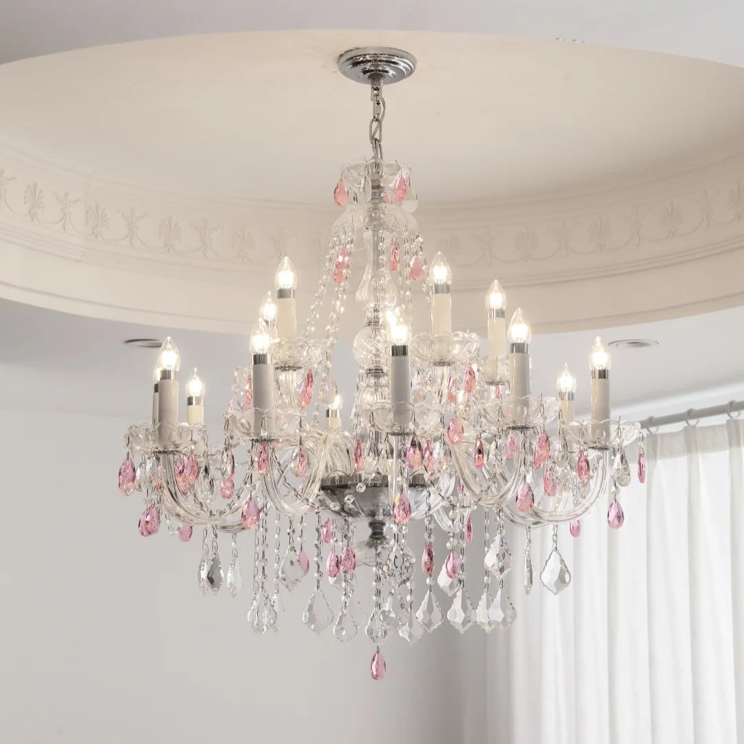 French Romantic Crysatl Candle Chandelier Luxury Glass Pink E14 Pendant Lights Living Room Art Decor Led Lamparas Bedroom Lamp