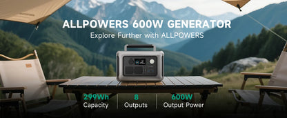 ALLPOWERS R600 Portable Power Station 600W 299Wh LiFePO4 Solar Generator with 2x600W (1200W Surge) AC Outlet for Camping RV Home