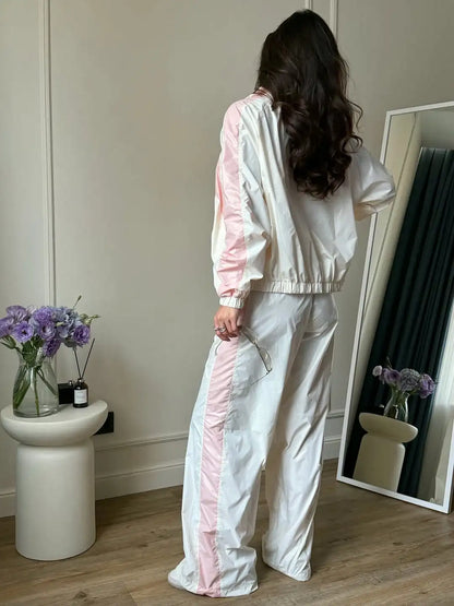 Chevron Stripe Windbreaker Tracksuit Women Casual Zip Cropped Jacket Contrast Trim Shorts Suit Lady Daily Jogging Street Outfit