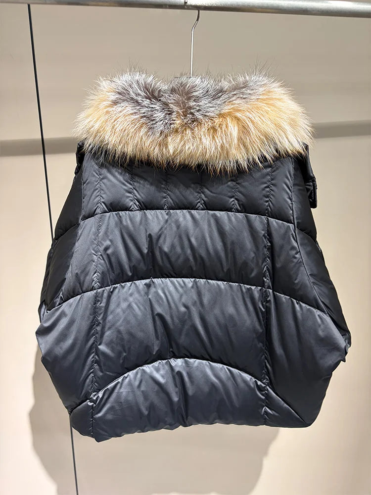 2026 New Winter Warm Women White Goose Down Jacket Real Large Fox Fur Collar Loose Short Puffer Coat Ladies Parka Outerwear
