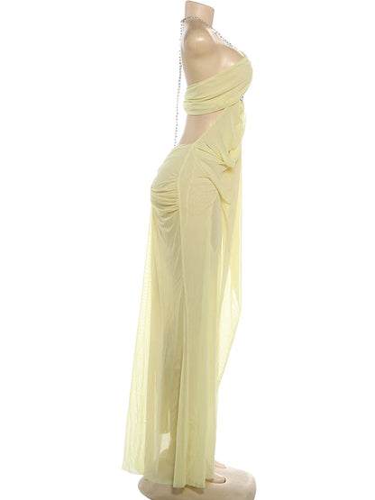Nibber Prom Party Gown Dress Woman Sexy See Through Luxury Chain Halter Low-Neck Backless Sleeveless Midnight Elegant Vestidos