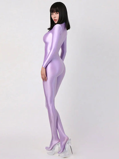 Womens Gym Yoga Pure Color Bodysuit One-piece Playsuits Bodycon Rompers Spandex Silky Tights Cosplay Catsuit Glossy Jumpsuits