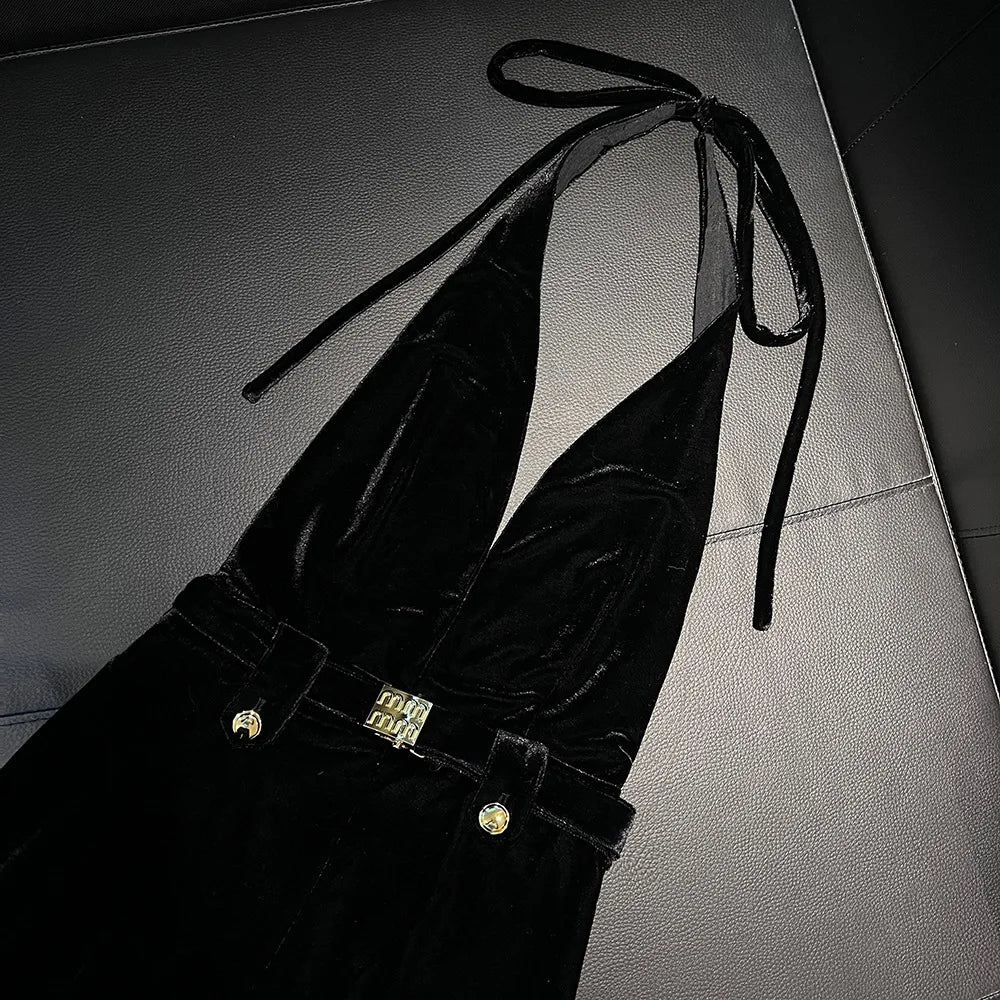 Vintage Luxury High-end Black Jumpsuits Metal Button Slim Sexy V-neck Hang Neck One-piece Pants Women Party Dresses Backless New