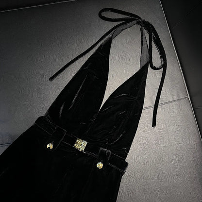 Vintage Luxury High-end Black Jumpsuits Metal Button Slim Sexy V-neck Hang Neck One-piece Pants Women Party Dresses Backless New