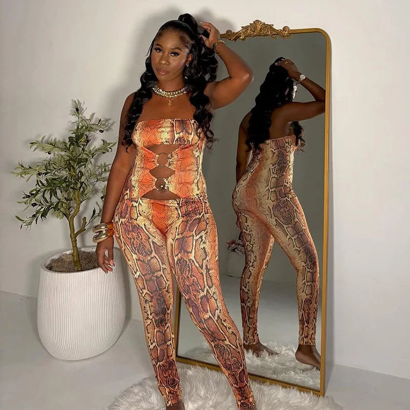 STYLISH LADY Snake Print Strapless Jumpsuits 2026 Women Hollow O Ring Sleeveless Bodycon Sexy Club Party Street Long Jumpsuit