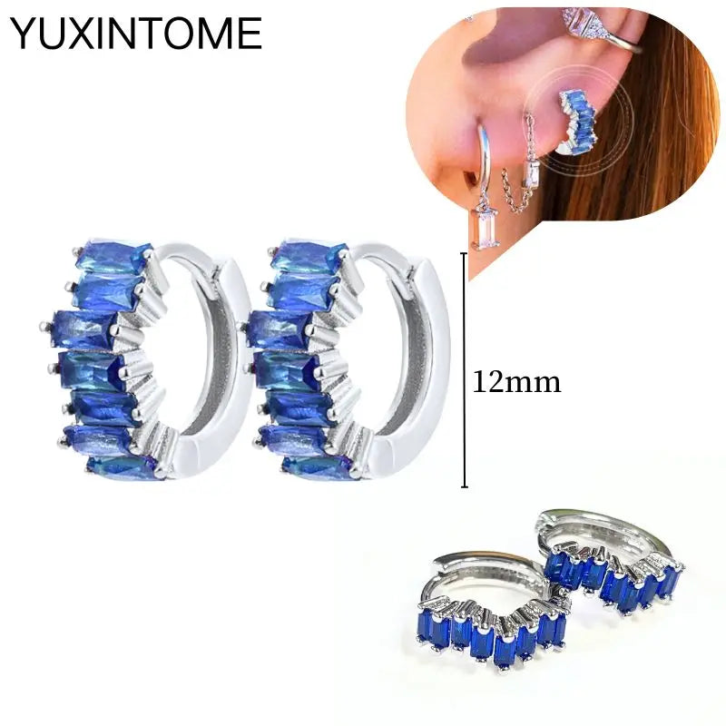 925 Sterling Silver Needle Dark Blue Crystal Silver Earrings Women's Exquisite Heart Blue Pendant Hoop Earrings Luxury Jewelry