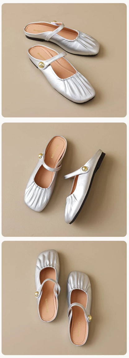 Women Closed Toe Mule Slippers Outdoor Wear Summer Silver One Strap Flat Beach Sandals Elegant Casual Daily Fashion Footwear
