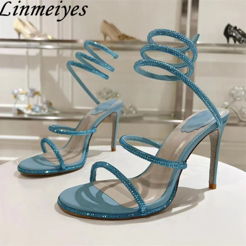 Summer Crystal Gladiator Sandals Women Rhinestone Twine Around Ankle Snake Wedding Shoes High Heels Sandals Woman