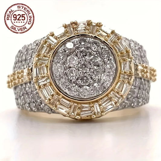 Vintage Luxury S925 Silver Geometric Zircon 18K Gold Plated Men's Engagement Band Hip Hop Rings Business Jewelry