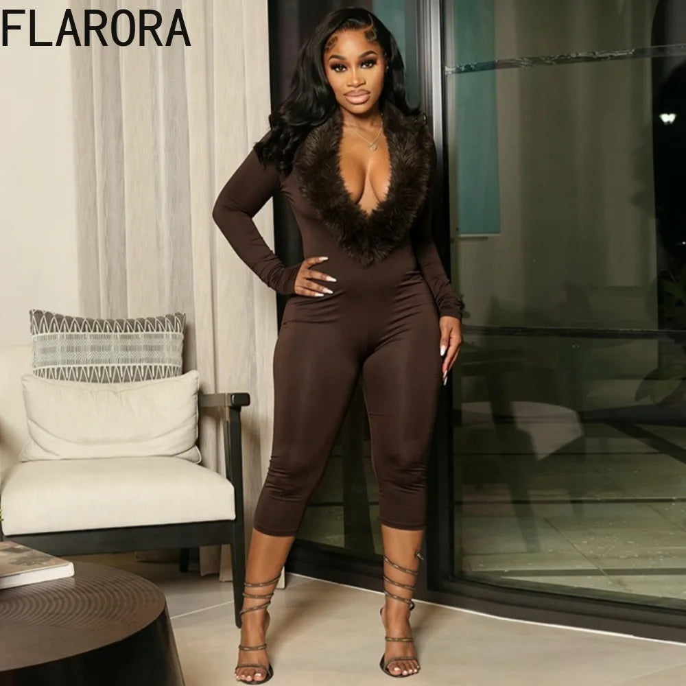 FLARORA Sexy Faux Fur Patchwork Capri Jumpsuits Woman Deep V Neck Full Sleeve Skinny Peach Hip Midnight Party Clubwear Overalls