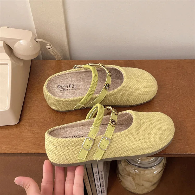 Women's Woven Mary Jane Mules Flat Round Toe Slip-On Shoes with Buckle Straps and Rose Hardware Casual Balletcore Summer Sandals