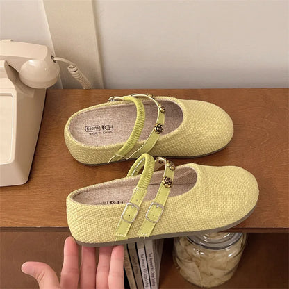 Women's Woven Mary Jane Mules Flat Round Toe Slip-On Shoes with Buckle Straps and Rose Hardware Casual Balletcore Summer Sandals