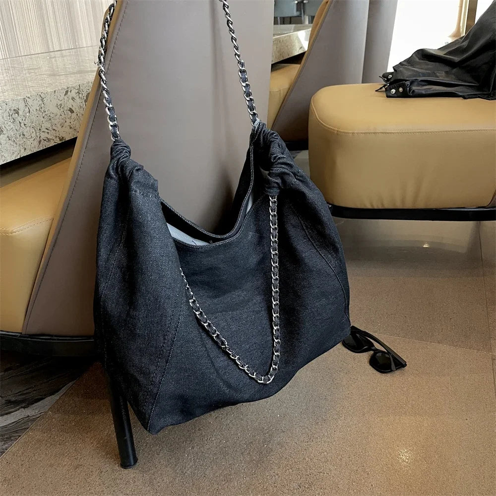 Chic Style Big Chain Shoulder Tote Bags For Women 2023 Luxury Designer Handbags Denim Fabric Pure Color Large Capacity Shoppers