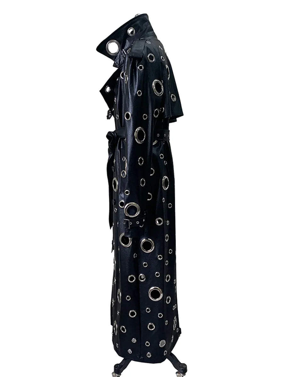 Nerazzurri Autumn Oversized Extra Long Pu Leather Trench Coat for Women Holes Hollow Out Luxury Designer Emo Streetwear Overcoat