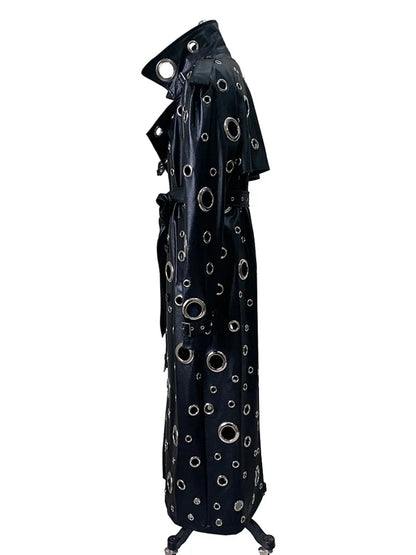 Nerazzurri Autumn Oversized Extra Long Pu Leather Trench Coat for Women Holes Hollow Out Luxury Designer Emo Streetwear Overcoat