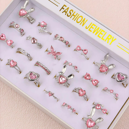 10Pieces Fashion Pink Rhineston Rings Set For Women Mix Style Butterfly Heart Love Open Adjustion Daily Jewelry Party Gifts