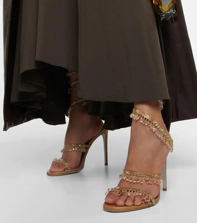 2026Women's New Water Diamond Sandals Fashion Tassel Crystal Shoes Sexy Banquet Party Twin Stiletto Women's Large Sandals