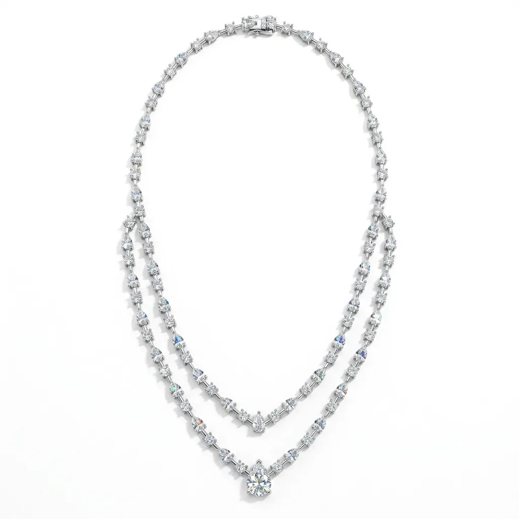 Double Layer Pear Cut Moissanite Tennis Necklace S925 Silver GRA Certified Elegant Bridal Wedding Jewelry for Women