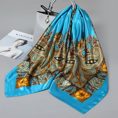 1PCS 90*90cm Square Silk Scarves Women Hijab Shawls Fashion Print Femme Head Scarf Foulard Bandana Beach Pareo