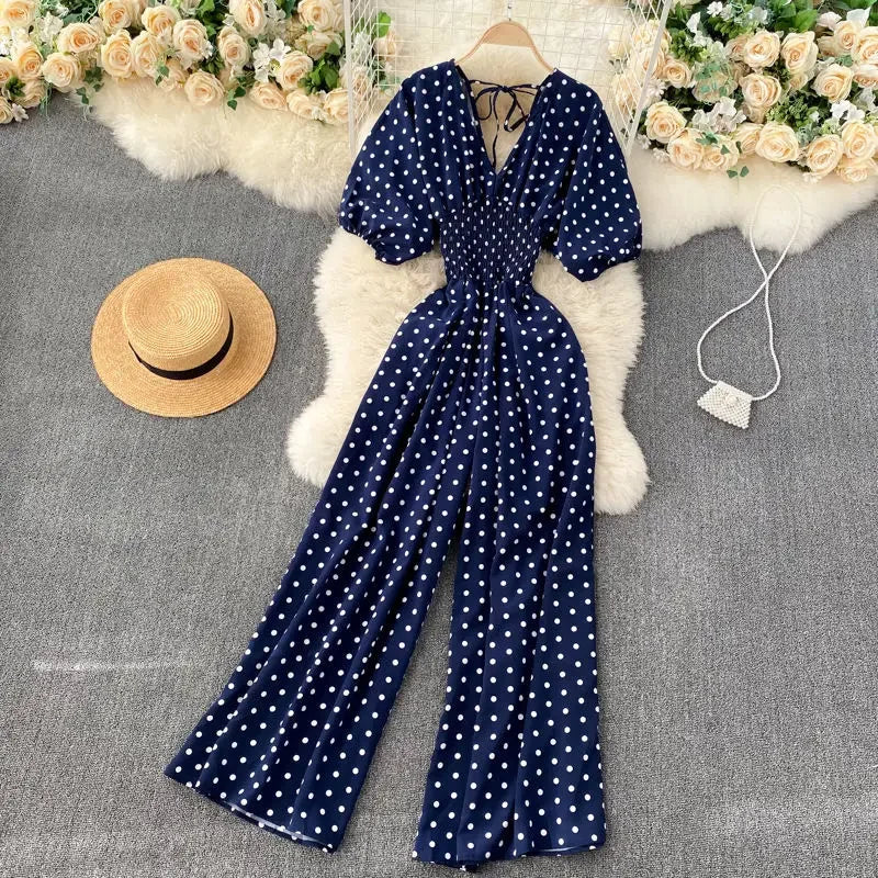 Jumpsuit Women Summer New Temperament Polka Dot V-neck High Waist Casual Wide Leg Jumpsuit Elegant Party One Piece Jumpsuits