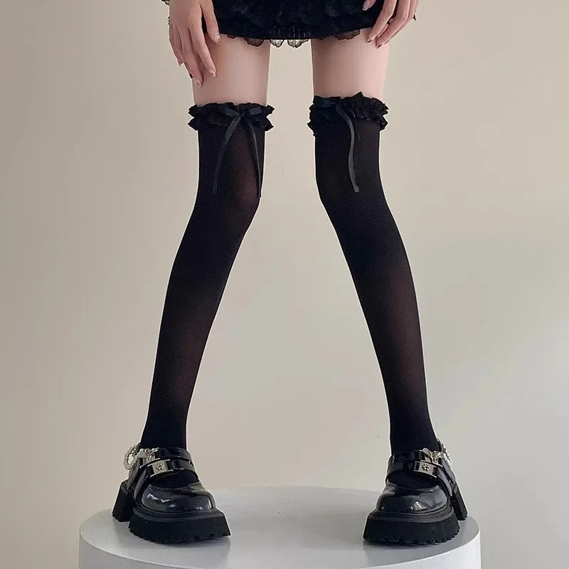 1/2/3pairs Japanese Lolita Jk Knee High Long Sock Black White Bow Ribbon Stockings Sexy Lace Thigh High Socks Sweet Cute Hosiery
