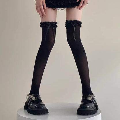 1/2/3pairs Japanese Lolita Jk Knee High Long Sock Black White Bow Ribbon Stockings Sexy Lace Thigh High Socks Sweet Cute Hosiery