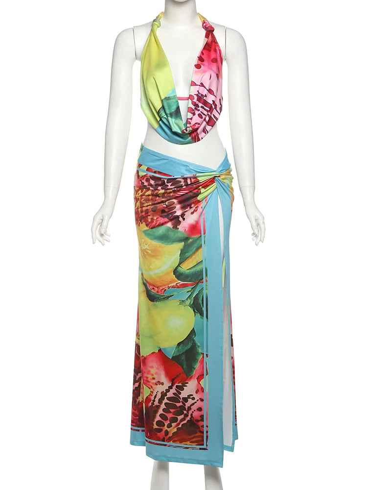 Weird Puss Colorful Leopard Women 2 Piece Set Y2K Beach Vacation Halter Tank Tops+Wrapped Maxi Skirts Matching Vacation Clubwear