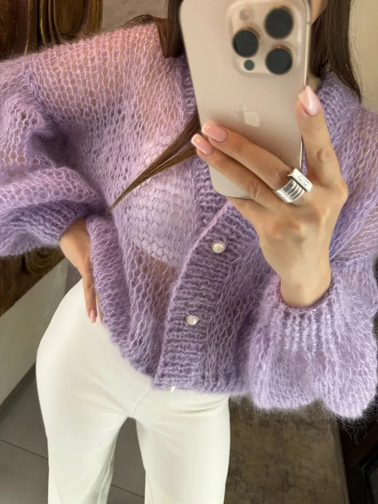 Women Knitting Cardigan 2026 New Women Mohair Knit Cardigan Hollow Out Sheer Long Sleeve Casual Knitted Outerwear Sweater